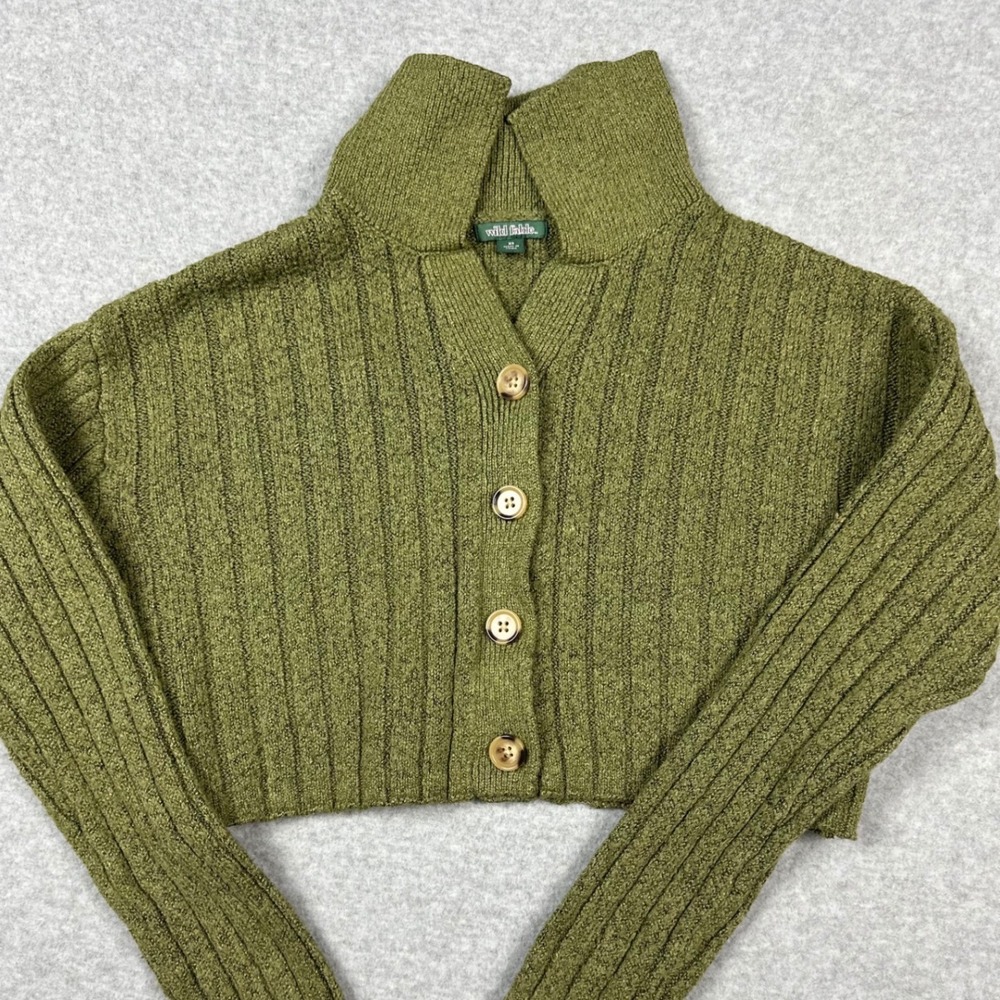 Wild Fable Cropped Cardigan‎ Sweater Olive Green Ribbed Mock Neck XS